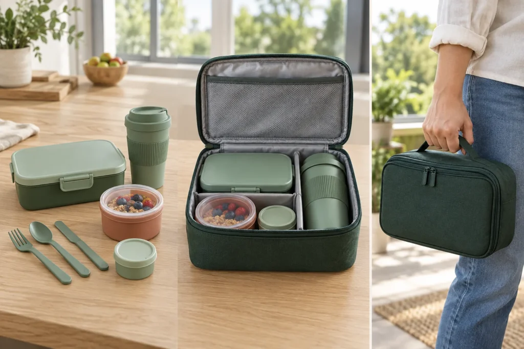 Portable lunch components shown before packing inside a fitted carry bag and ready to carry