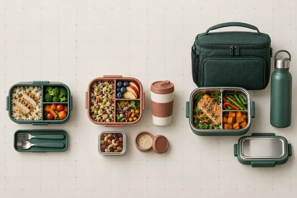 Compact standard and expanded portable lunch set configurations arranged for buyer comparison