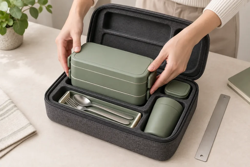 Buyer validating how a modular lunch set fits inside its carry case