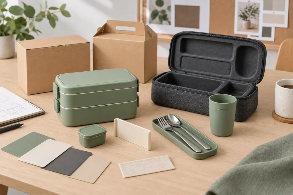 Office lunch kit and blank employee gift packaging prototypes under review
