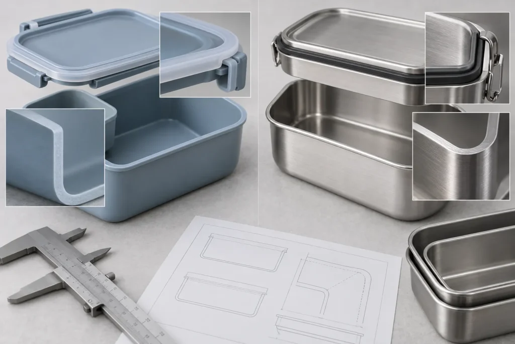 Close comparison of molded PP and brushed stainless steel wall lid edge and seal construction