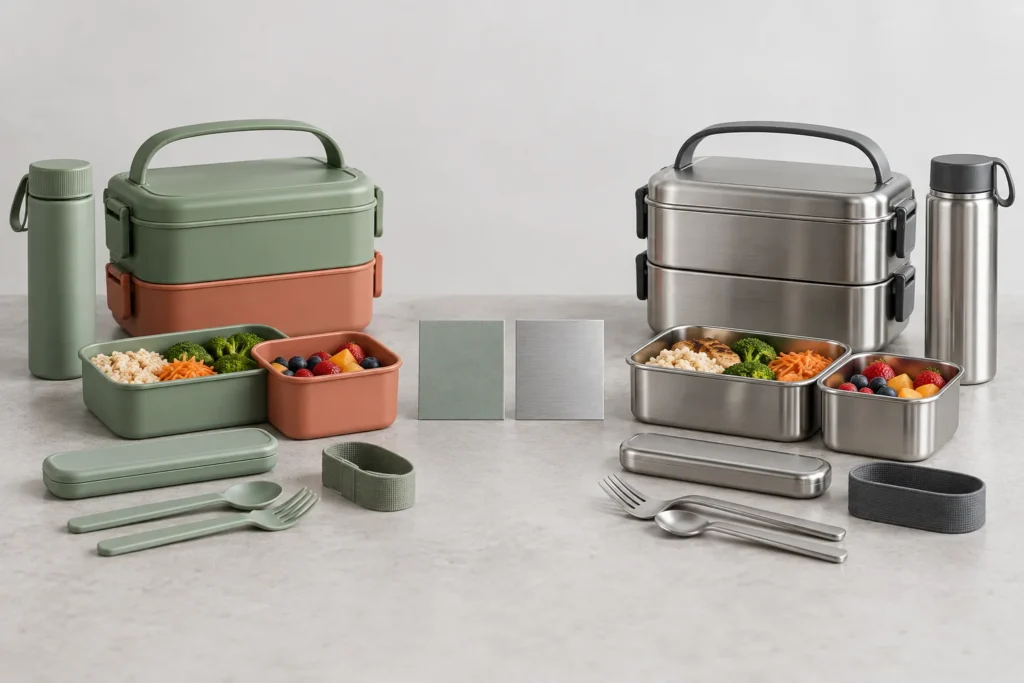 PP vs stainless steel tableware showing components, packing structure and carry format