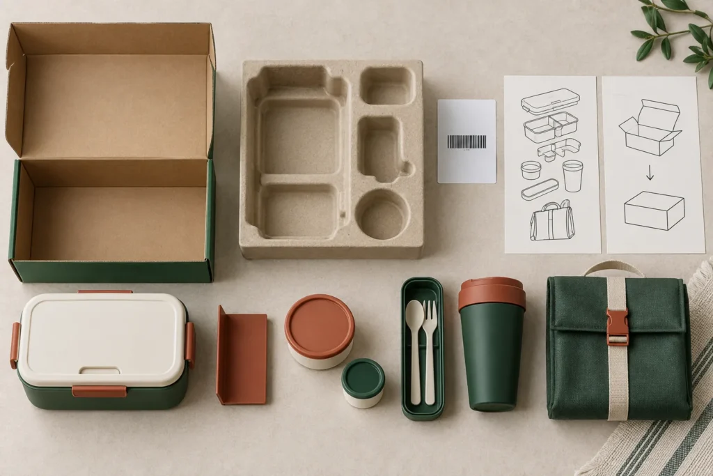 Complete retail lunch set components arranged beside a retail box and molded packaging insert