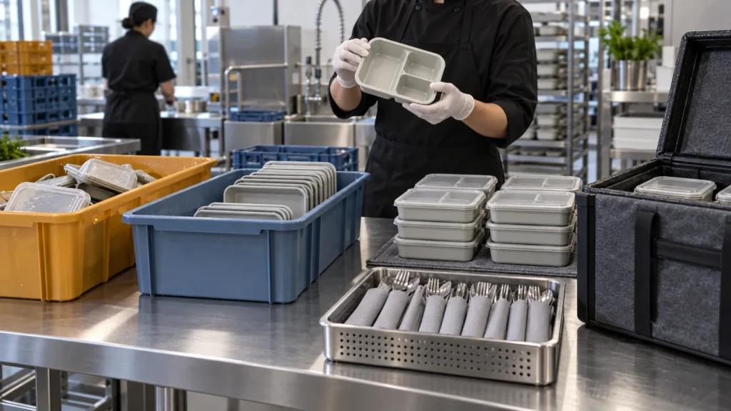 Reusable meal boxes sorted and inspected after an event service cycle