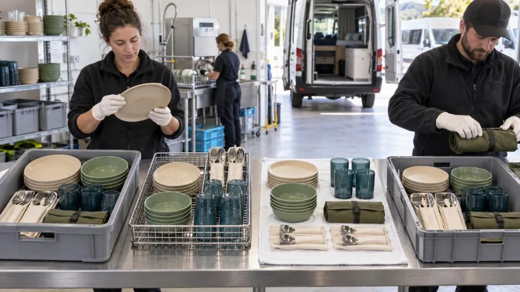 Rental depot team washing inspecting and repacking travel dining components