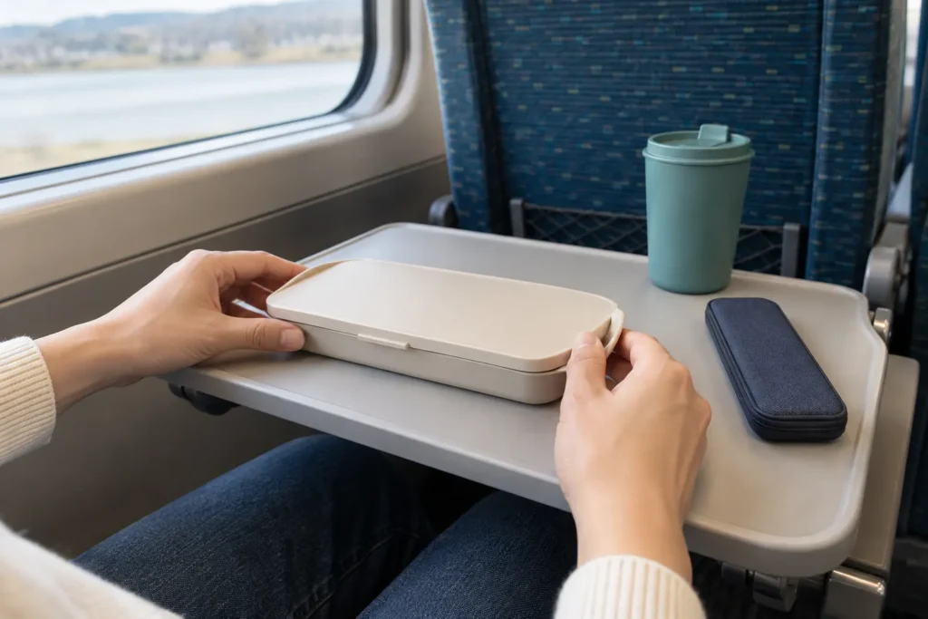 Buyer checking reusable rail meal kit fit on a passenger seat table