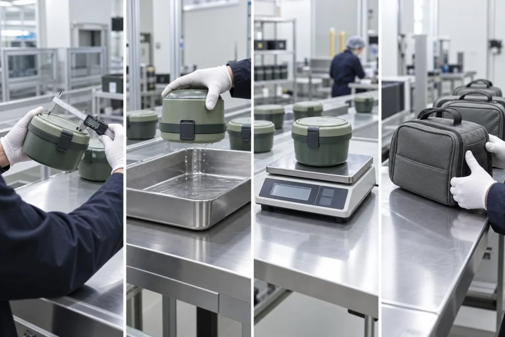Portable dining set moving through dimensional leak weight and packed bag inspection stations
