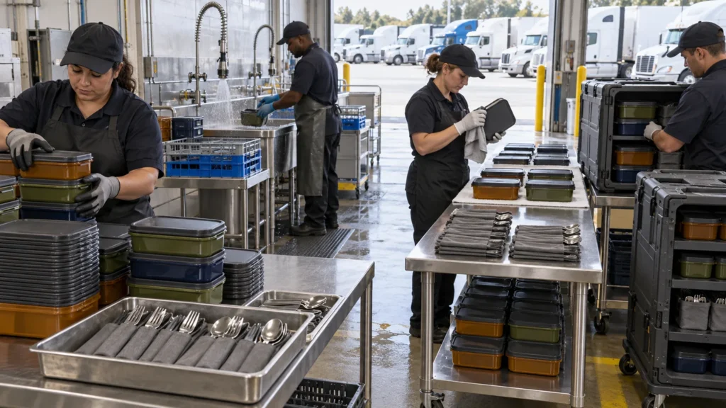 Fleet depot team sorting inspecting and repacking reusable meal kit components