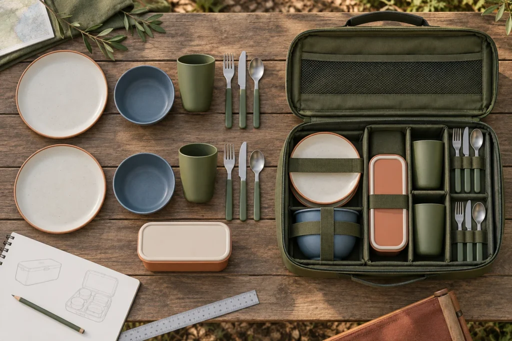 Two person picnic components laid out beside their organized structured carry case