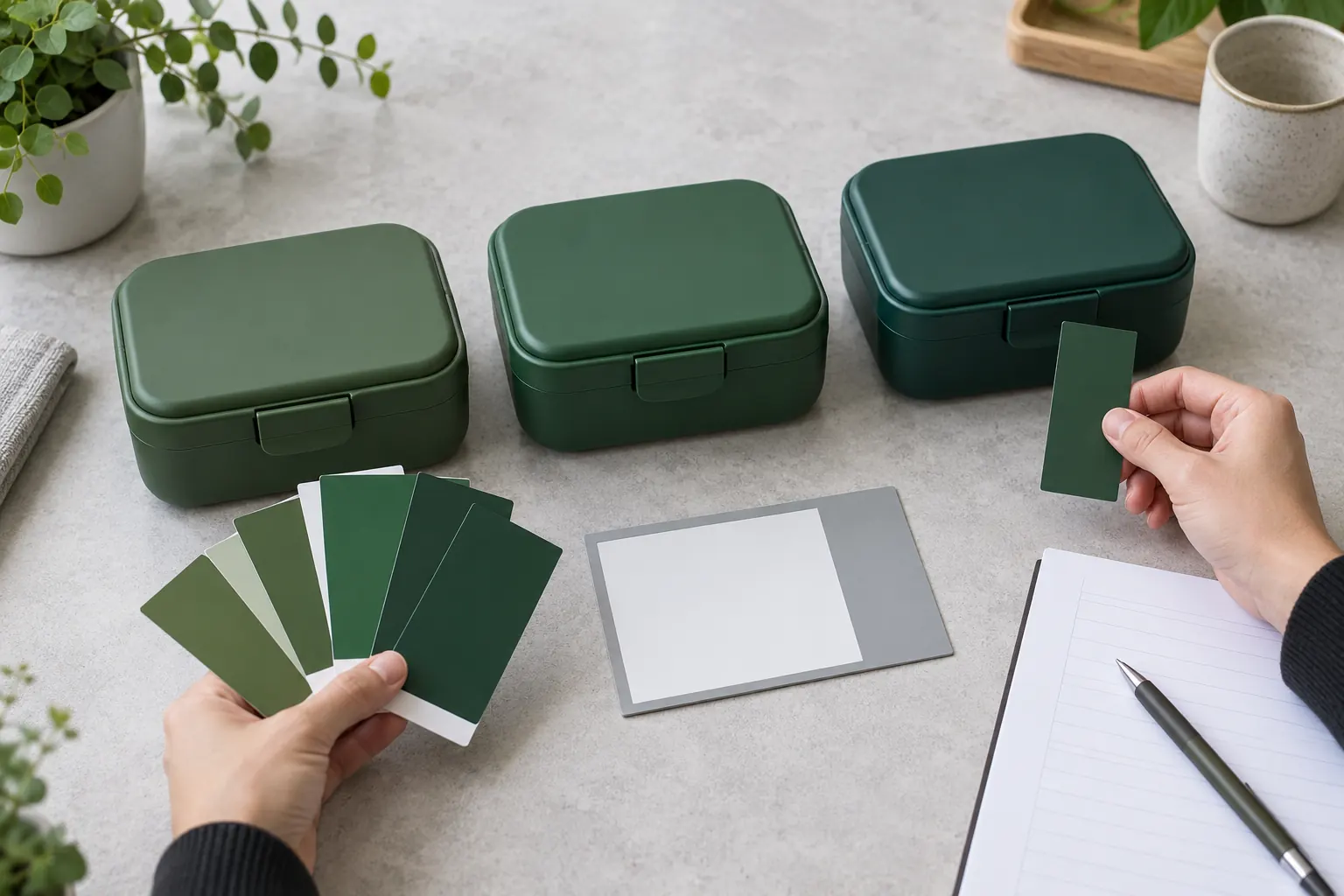 Buyer comparing three green lunch box color samples with physical swatches under neutral light