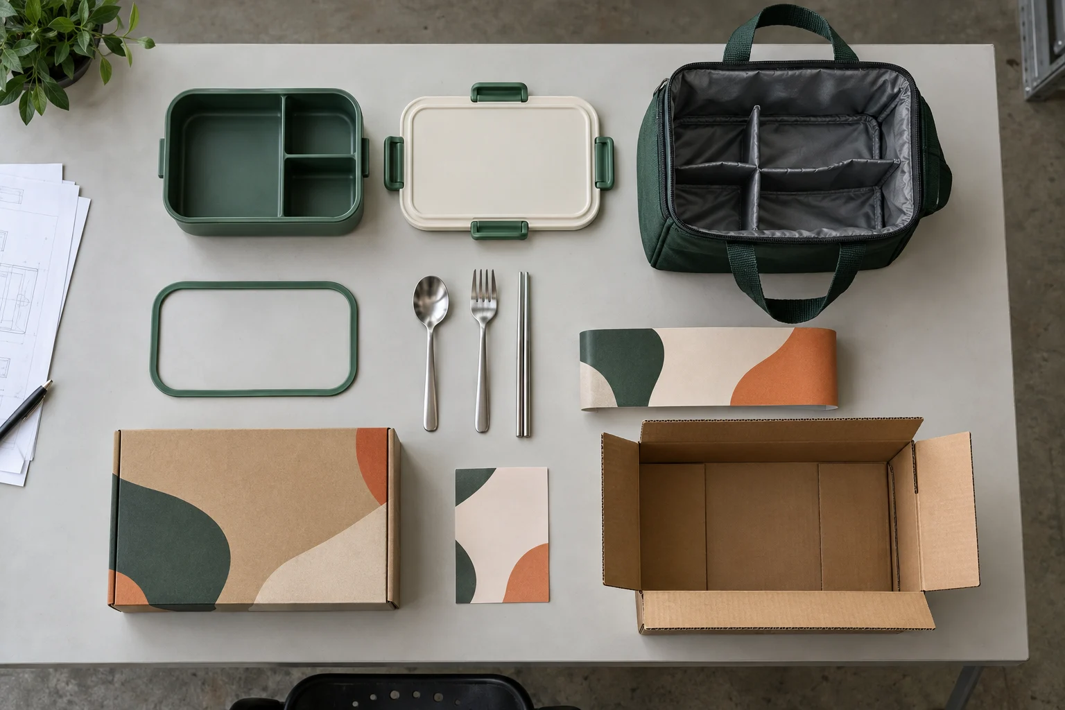 Coordinated lunch set bill of materials Complete portable lunch set bill of materials with lunch box, cutlery, fitted bag, retail box and export carton