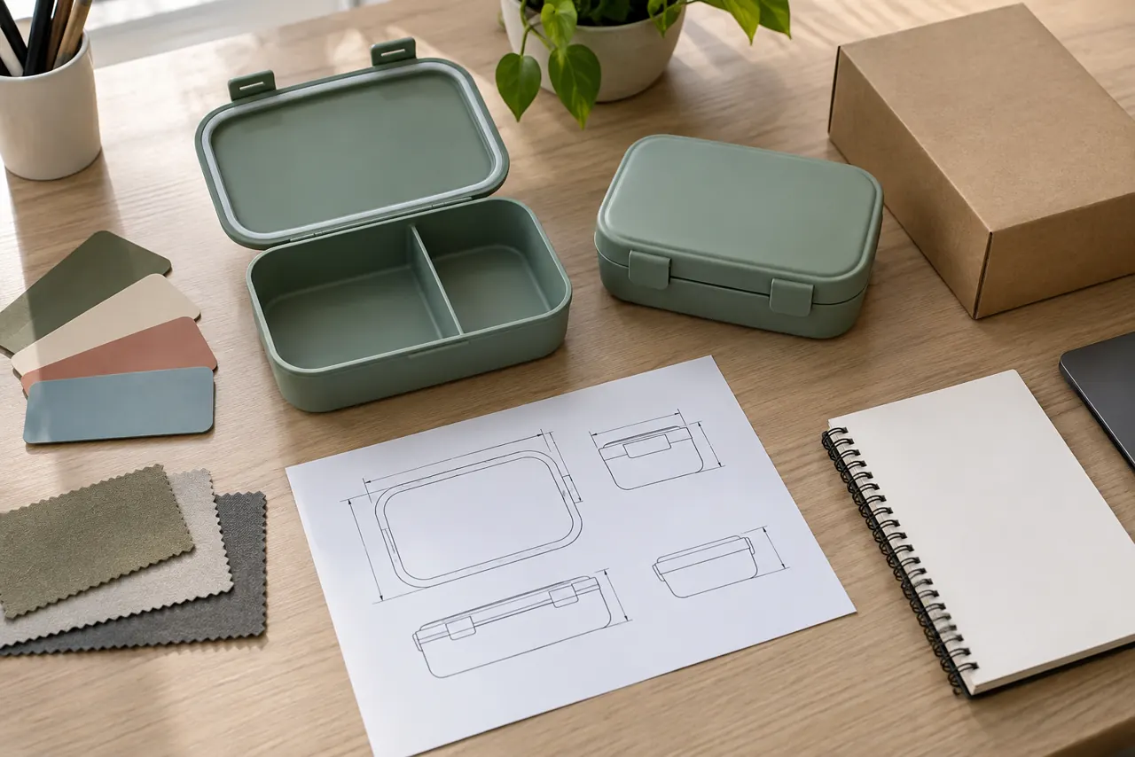 Buyer brief for a custom lunch box MOQ inquiry Lunch box sample, material swatches, dimension sketch, and blank notebook prepared for a supplier inquiry