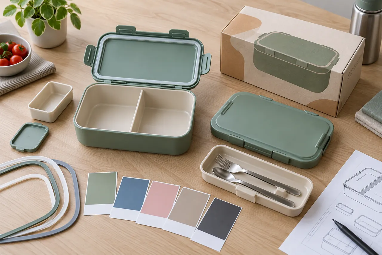 Product and packaging details that shape an MOQ quote Open lunch box, color samples, lid seal, cutlery, and retail carton laid out for quotation review