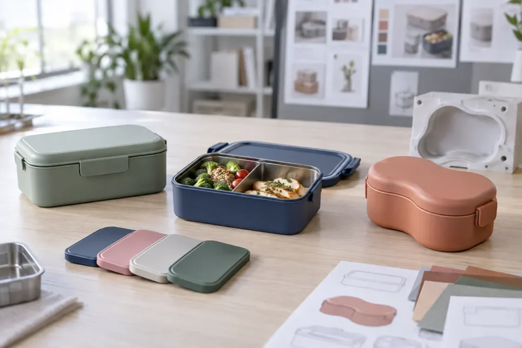 Three lunch box design routes displayed on a product-development table with a mold in the background