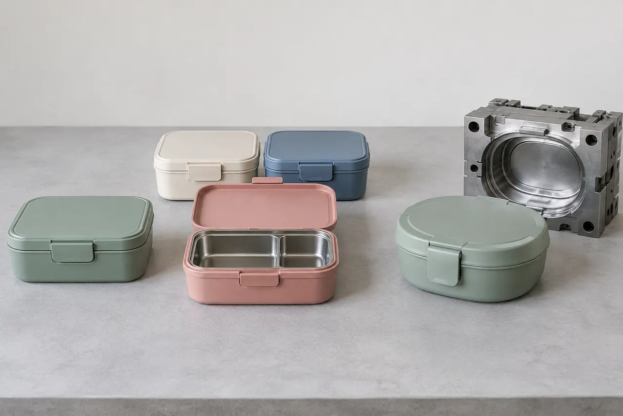 Existing, configured, and new-tooling lunch box routes Existing lunch boxes, a configurable divided box, and a new lunch box mold arranged side by side
