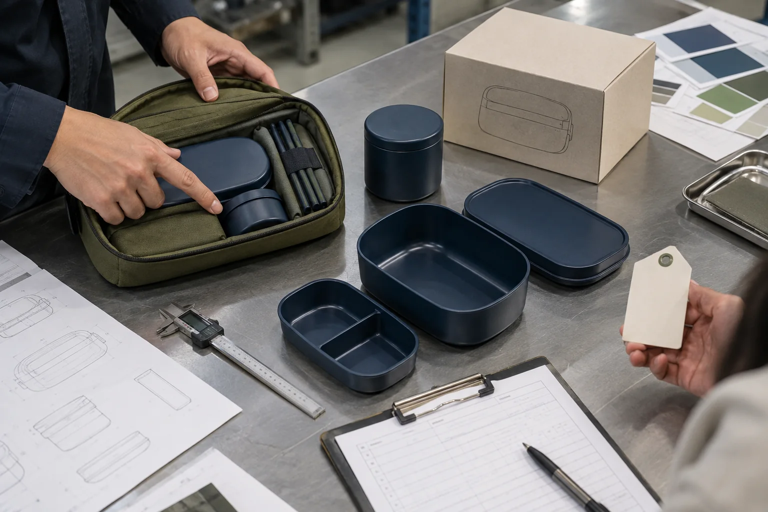 Pre-production tableware set and pack-out approval review Complete navy blue tableware set, fitted carry bag and approval documents arranged on a factory review table