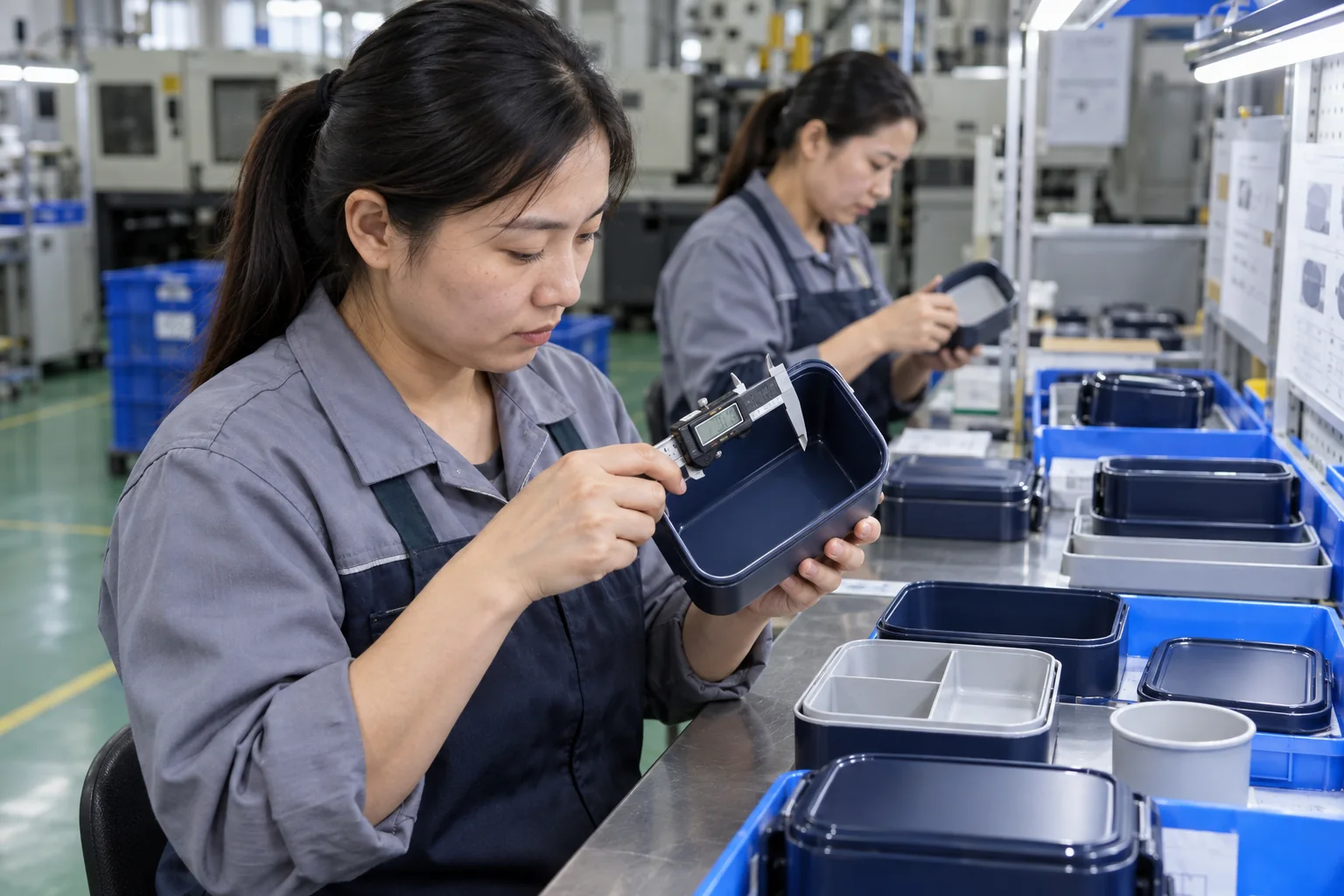 Dimensional inspection during custom tableware sample review Factory quality technician measuring a navy blue custom tableware sample with a digital caliper