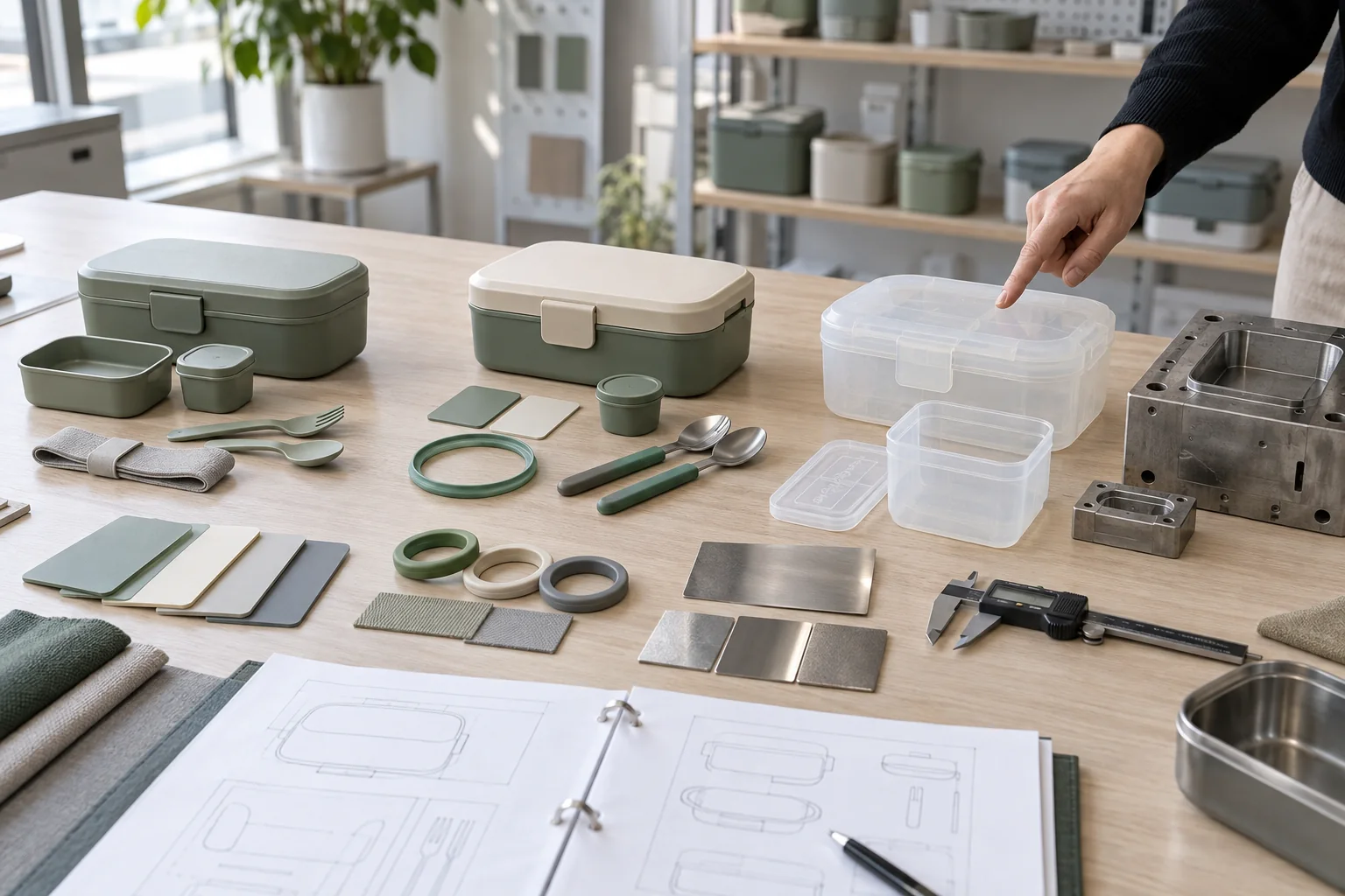 Custom tableware sample routes and material options compared Three custom tableware sample routes compared with material swatches, bio-composite seals, stainless steel parts and a mold insert