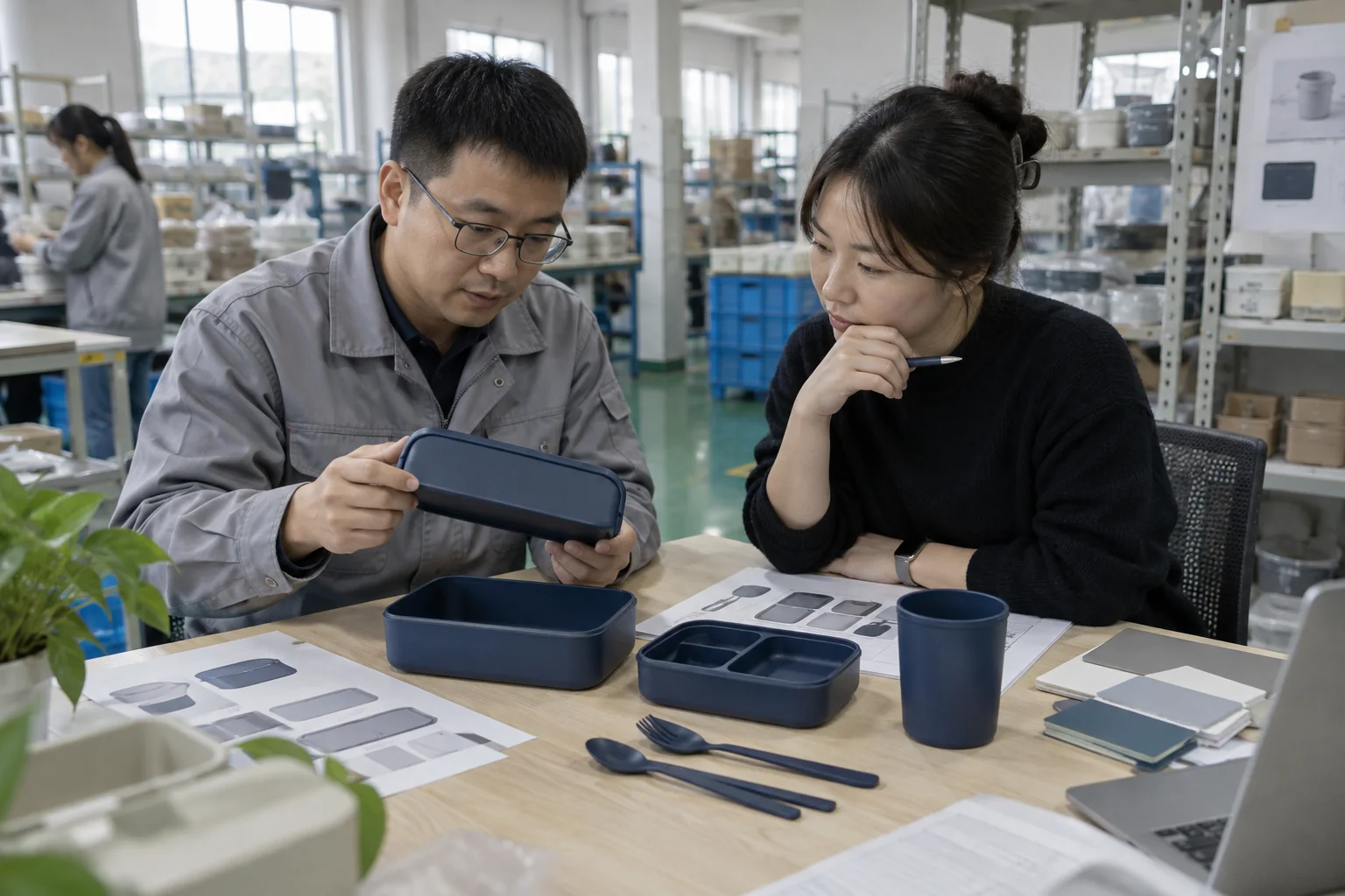 Custom tableware sample planning meeting Product engineer and buyer reviewing a navy blue custom tableware sample set in a factory sample room