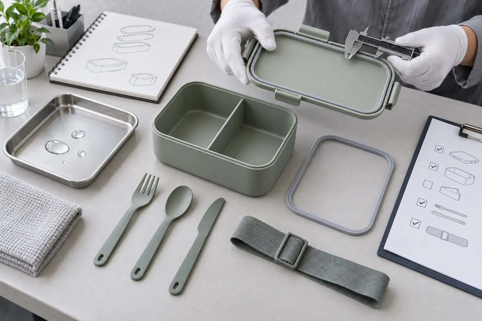 Quality reviewer checking lunch box lid fit, gasket, divider, cutlery and carrying strap as one functional sample