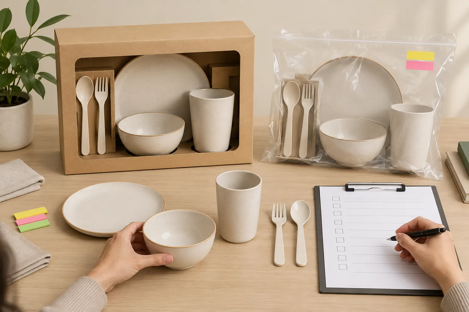 Buyer comparing a complete packed tableware set with a sealed golden sample and approval checklist