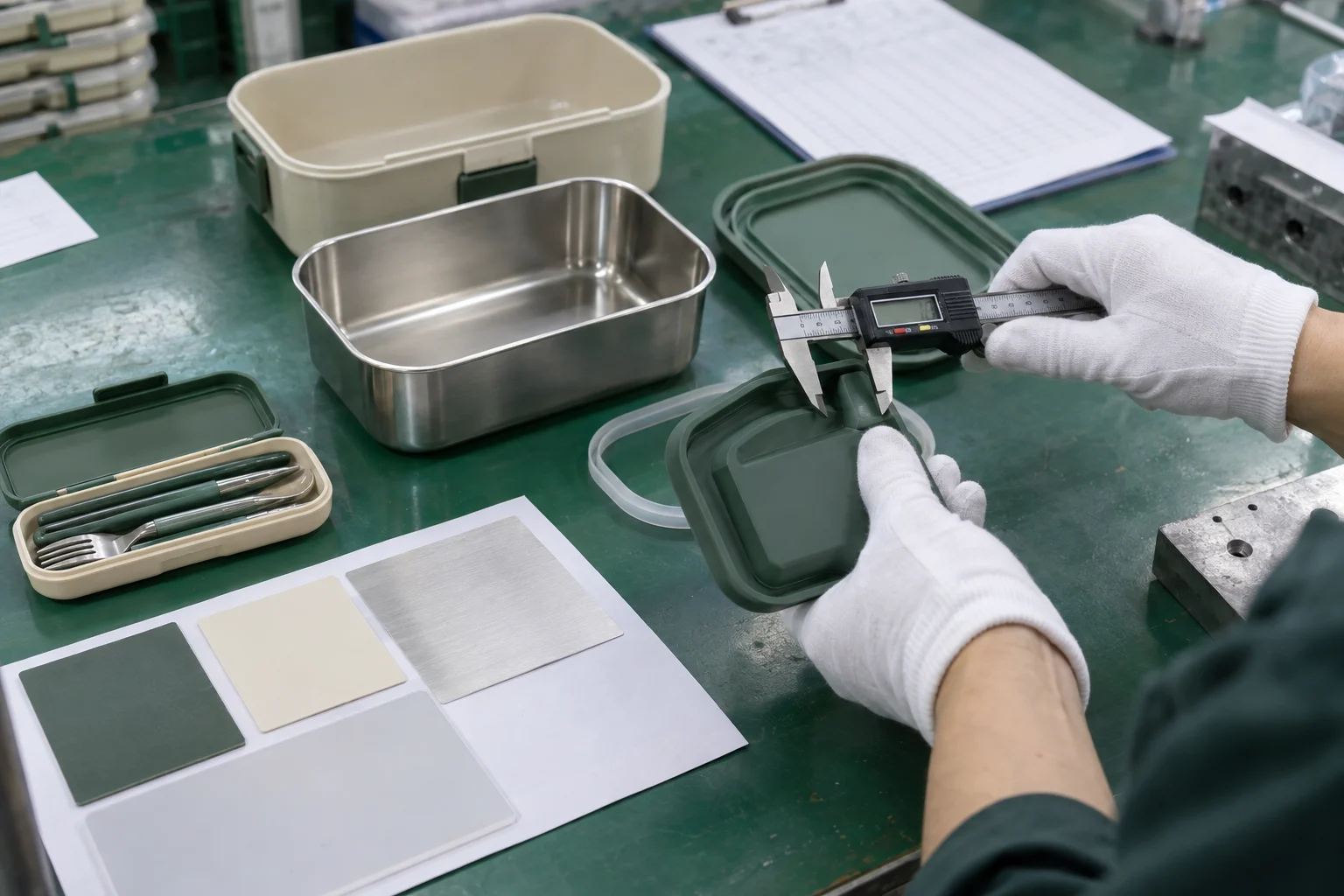 Material and dimensional interface inspection Factory technician measuring the fit between a lunch box lid, bio-composite seal, stainless steel insert and cutlery case