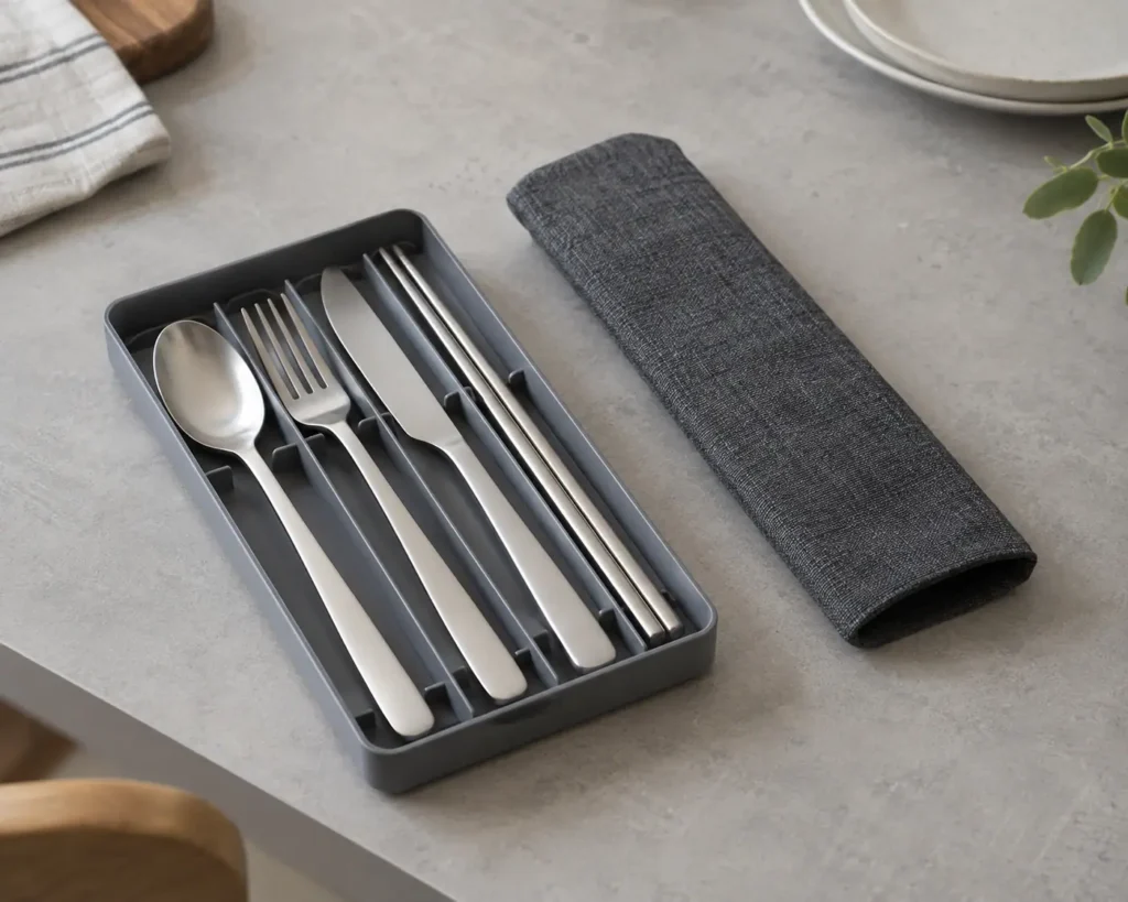 Partitioned cutlery kit with slide tray and removable sleeve