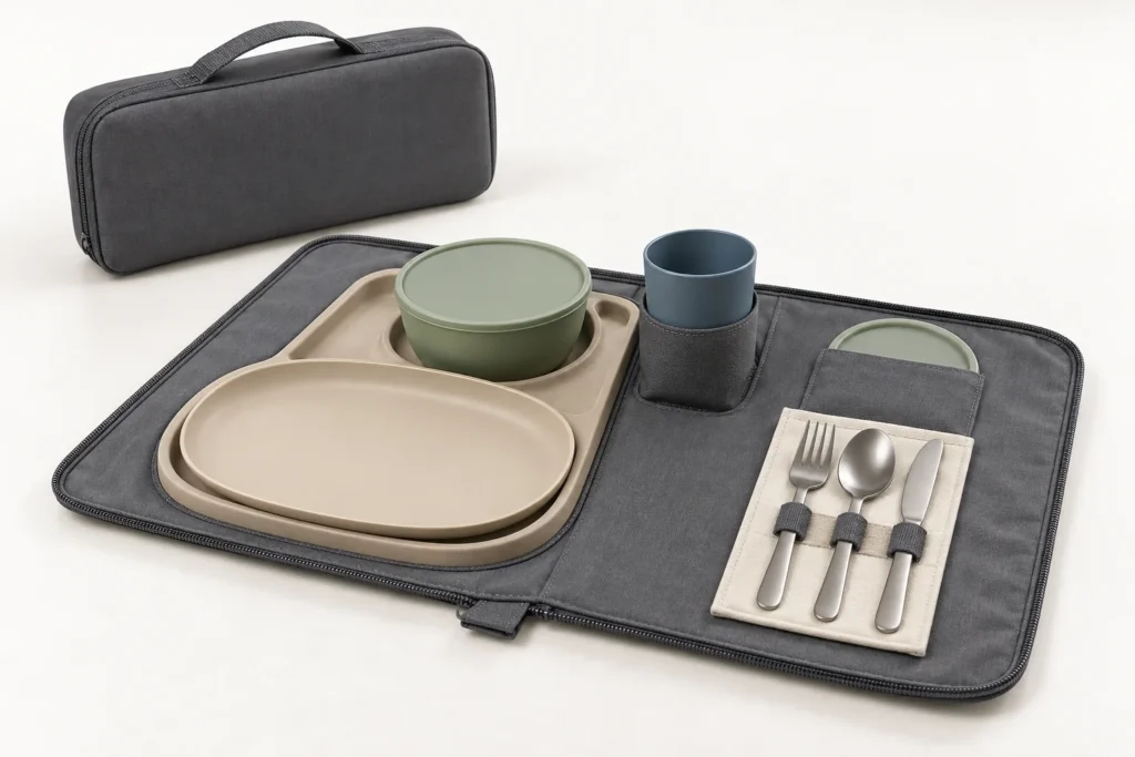 Fold-out travel dining kit with PP tableware stainless cutlery and graphite folio