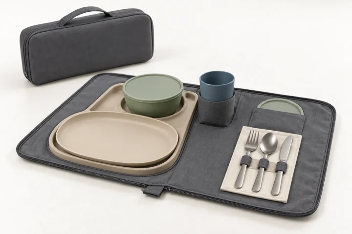Fold-out travel dining kit with PP tableware stainless cutlery and graphite folio
