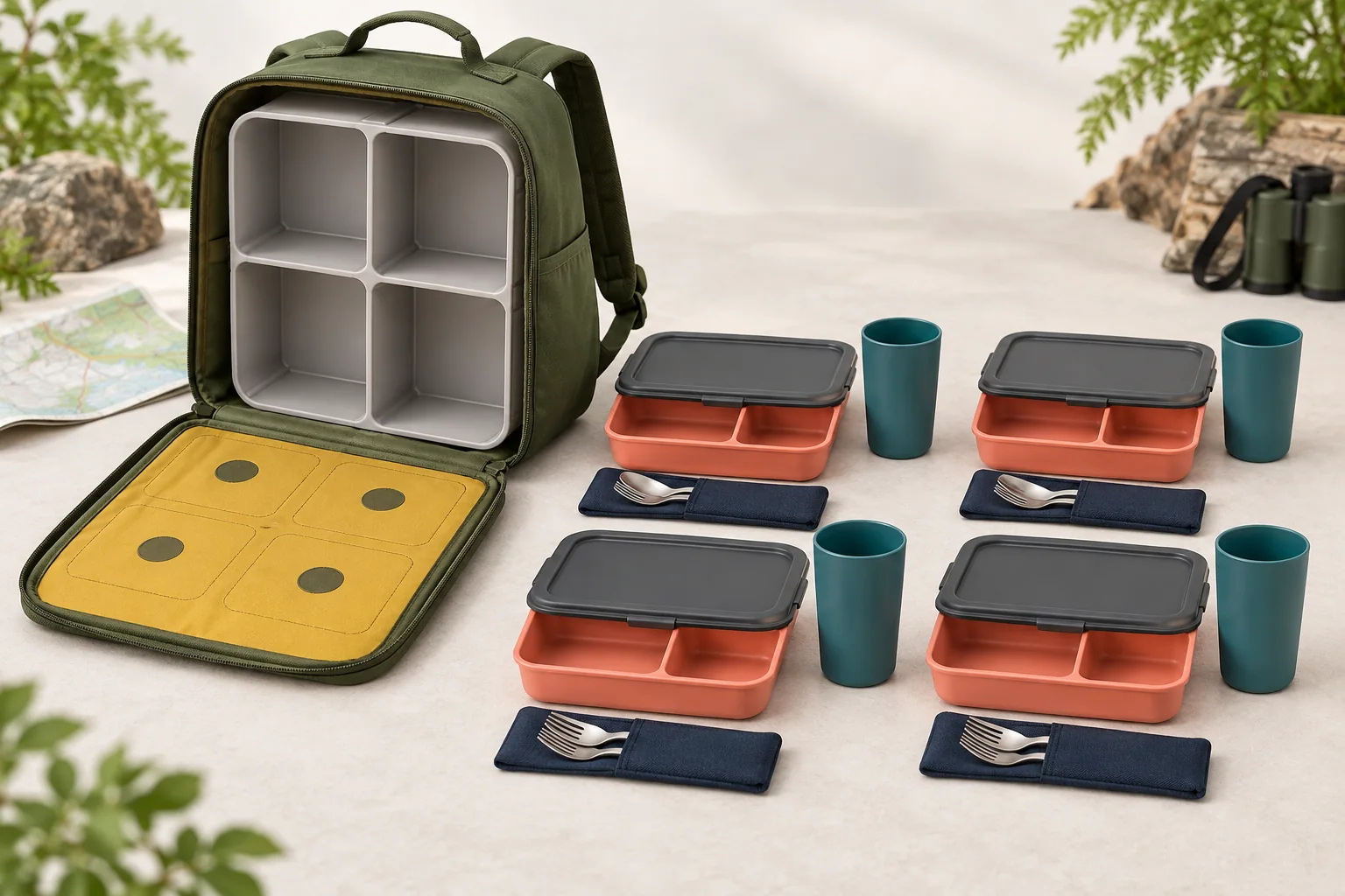 Student field trip dining kit with four trays tumblers cutlery sleeves and backpack
