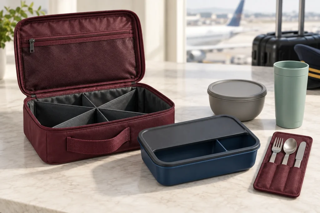 Airline crew dining kit with PP tableware stainless cutlery and burgundy packing cube