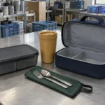 Complete factory worker meal kit with divided PP lunch box tumbler utensils and navy carry case