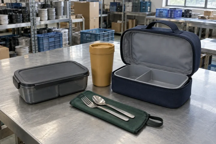 Complete factory worker meal kit with divided PP lunch box tumbler utensils and navy carry case