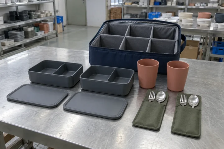 Two-person portable tableware sample set arranged beside partitioned carry case — AI-generated conceptual illustration