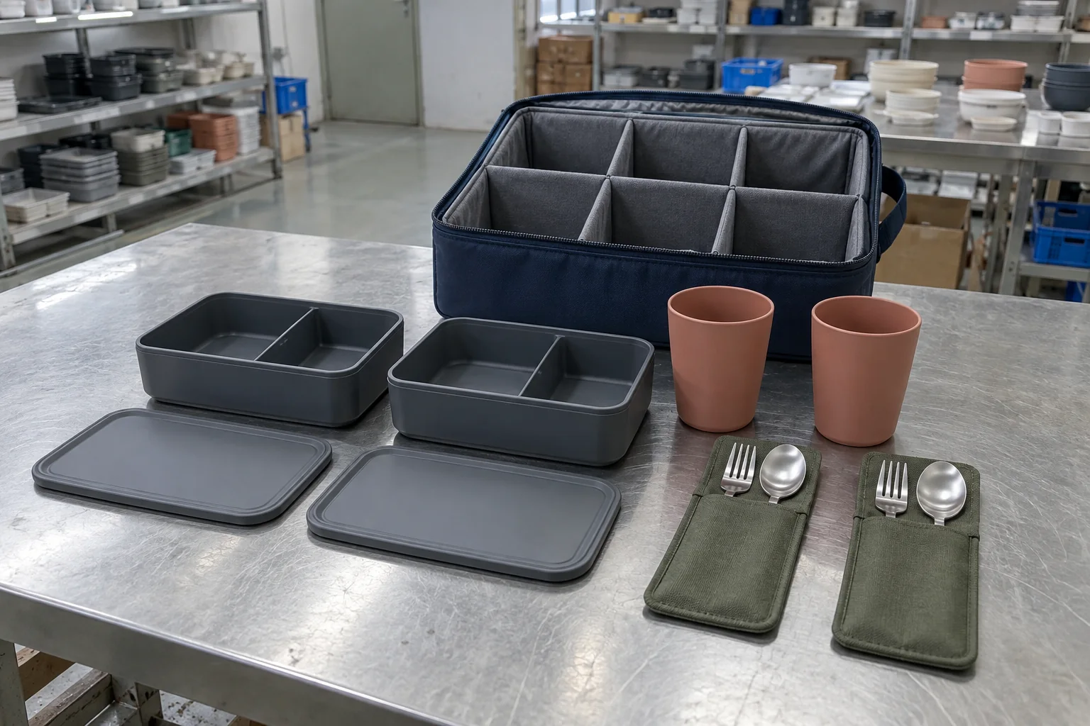 Two-person portable tableware sample set arranged beside partitioned carry case — AI-generated conceptual illustration