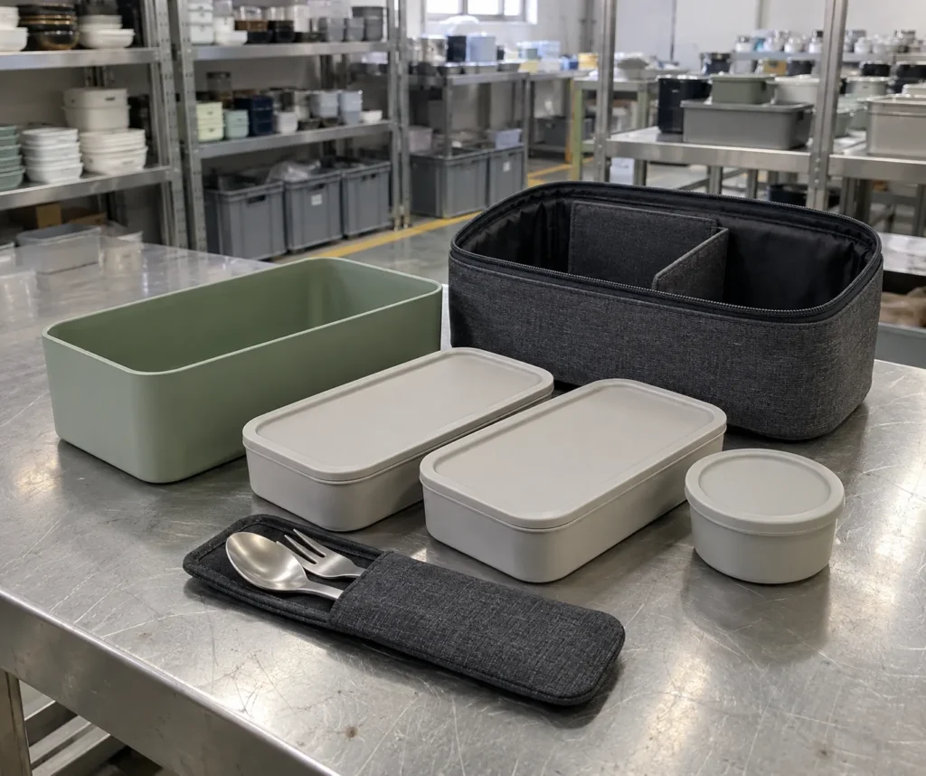 Convertible modular bento system with two removable trays, utensils and divider carry case