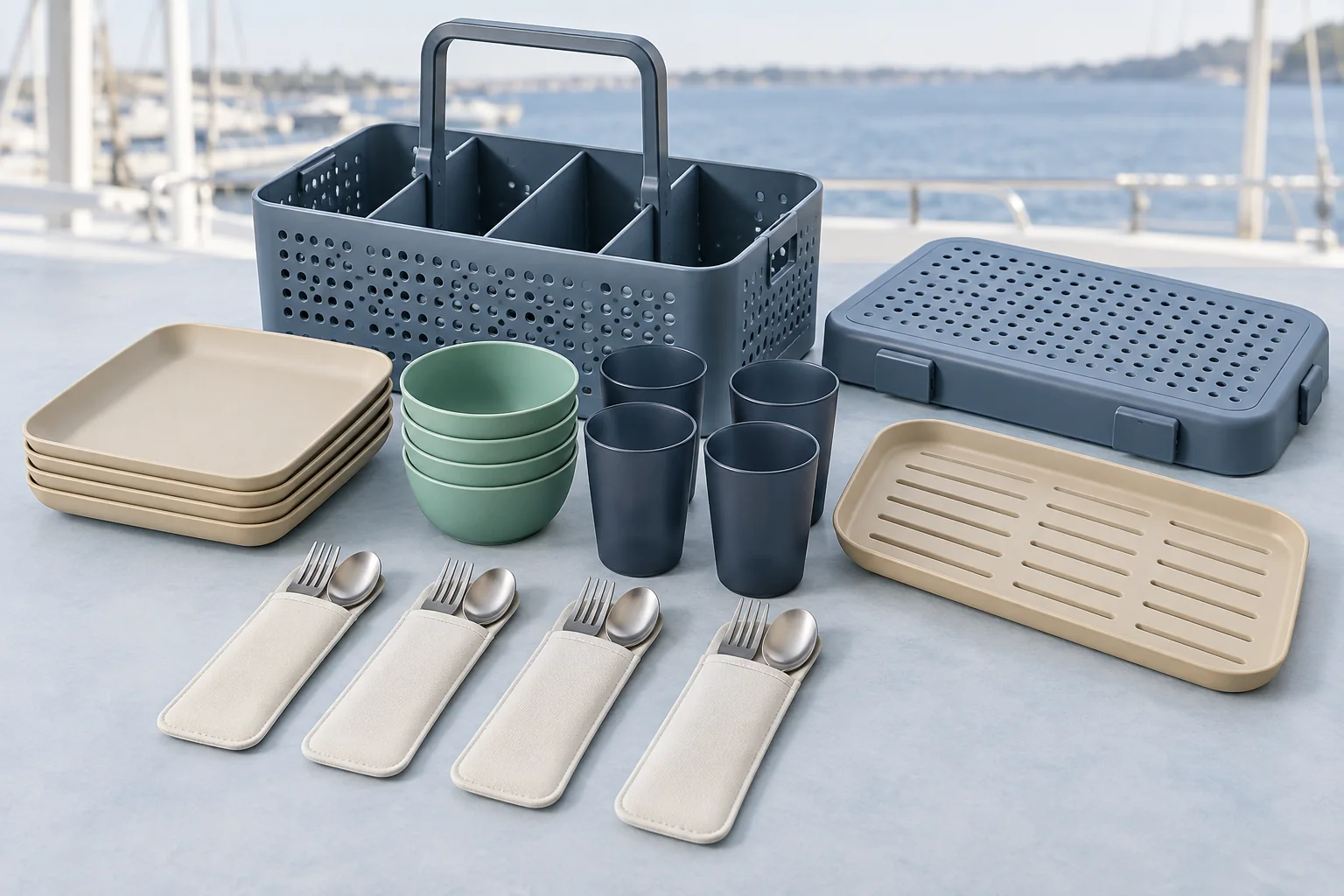 Four-person marina dining kit with rigid ventilated deck caddy