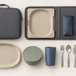 Single-person travel dining components and folio arranged for counting