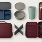 Single-person airline crew dining kit components arranged for counting