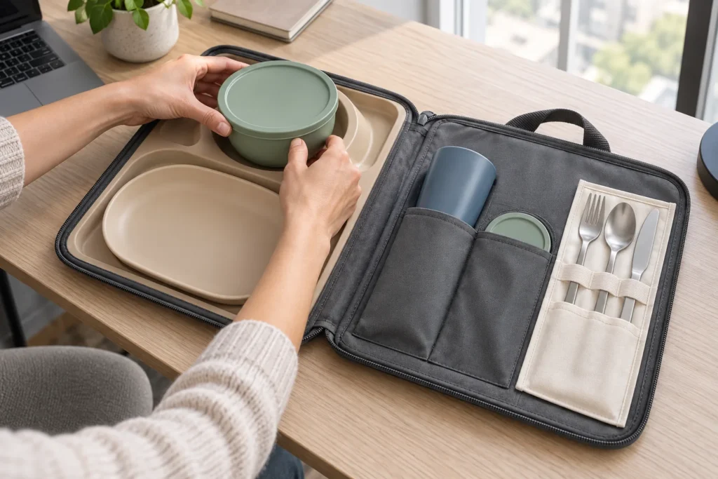 Lidded bowl loaded into the molded cradle of a travel dining folio