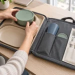 Lidded bowl loaded into the molded cradle of a travel dining folio