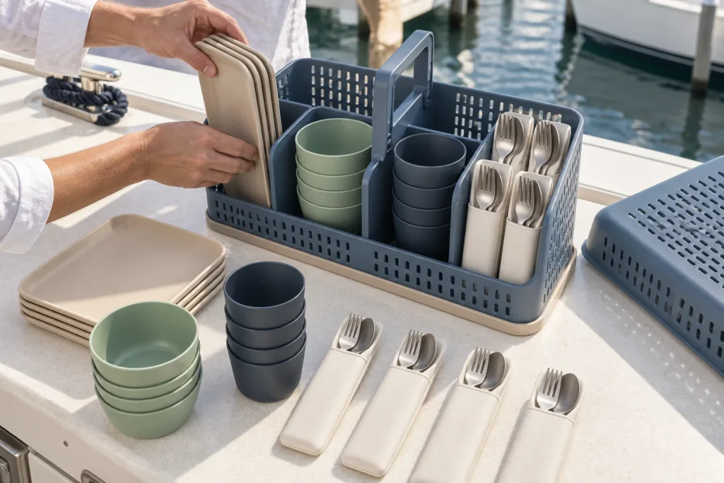 Four-person tableware loaded into the separator bays of a deck caddy