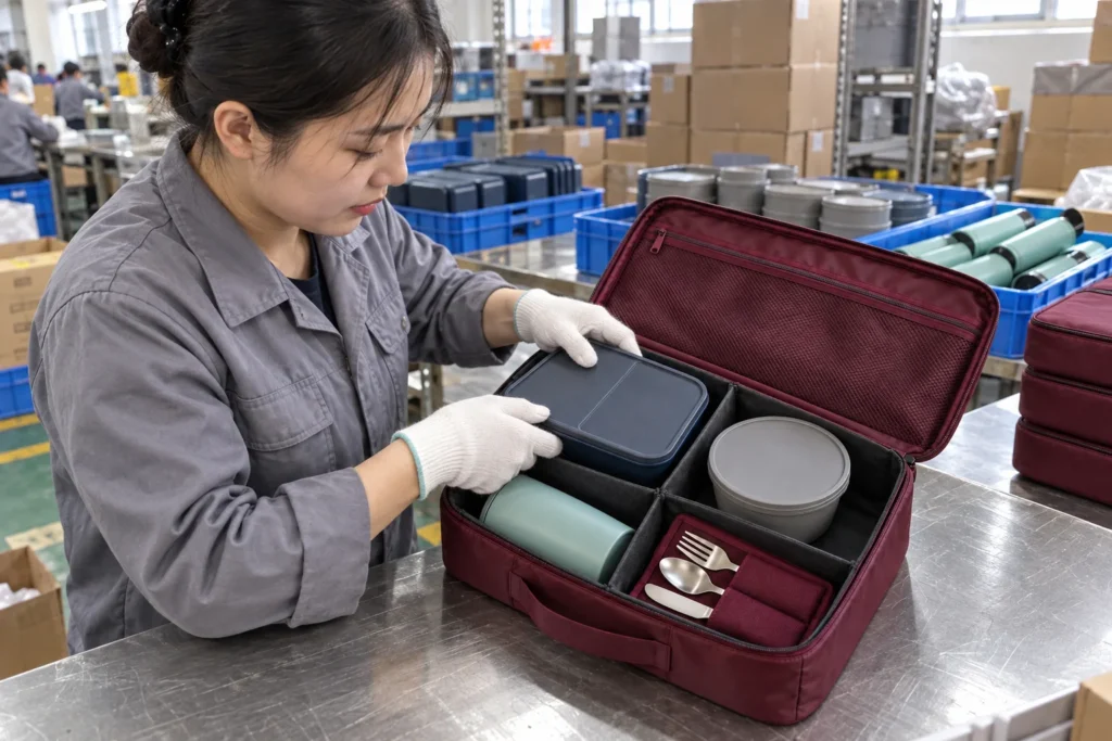 Tableware components loaded into a burgundy packing cube with X divider