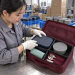Tableware components loaded into a burgundy packing cube with X divider