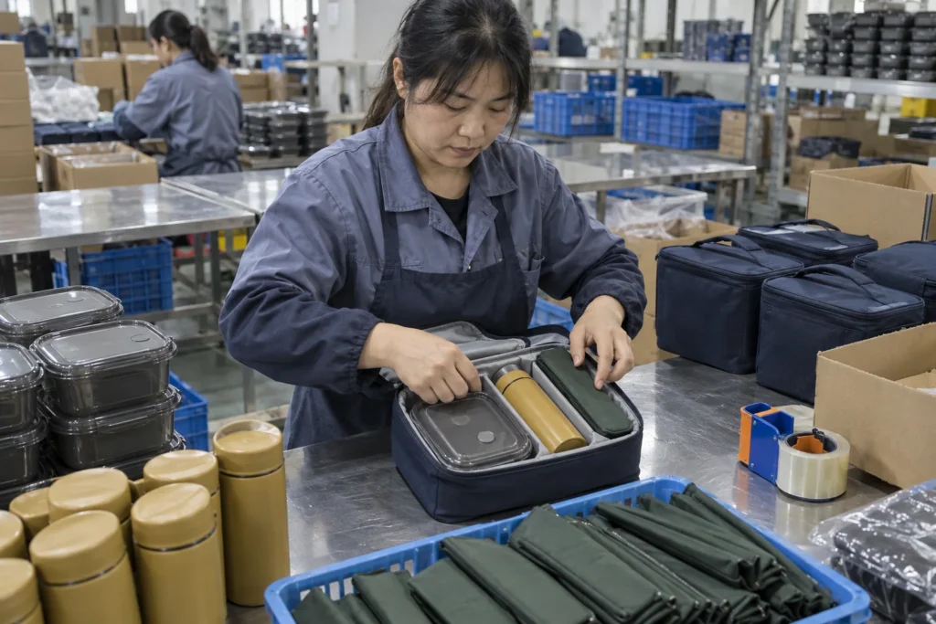 Chinese factory packaging worker loading the meal kit into its fitted carry case