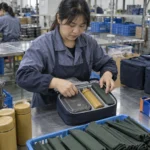 Chinese factory packaging worker loading the meal kit into its fitted carry case