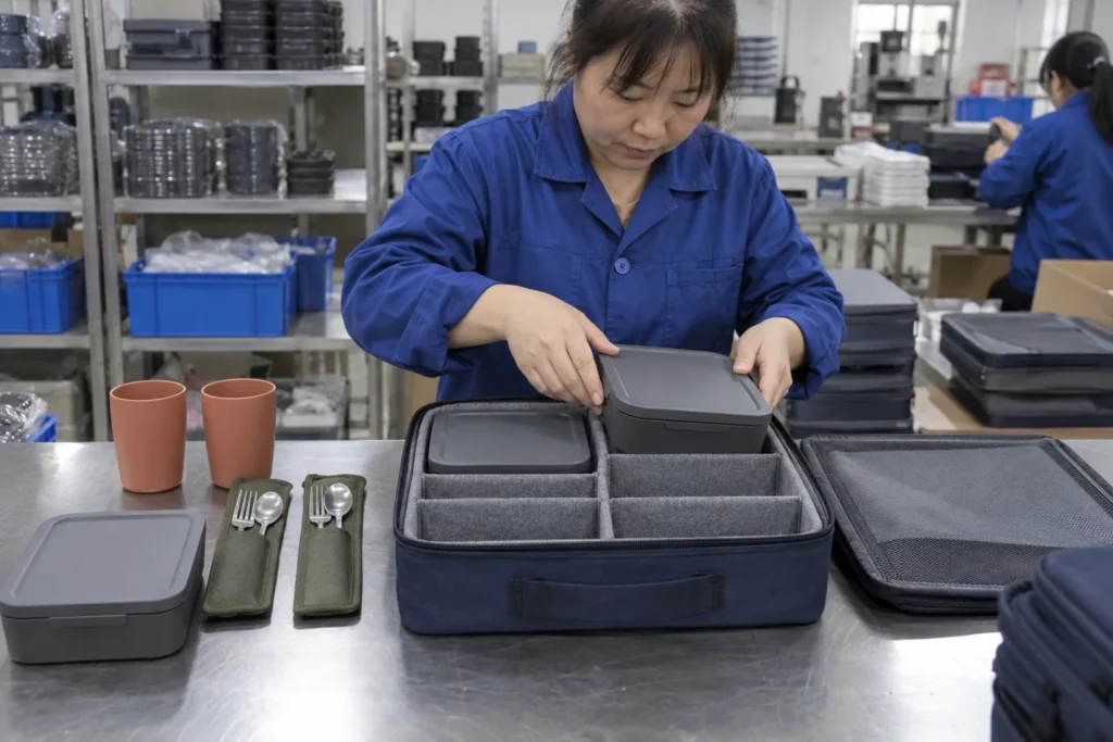 Chinese tableware packaging worker placing a divided box into a partitioned case — AI-generated conceptual illustration