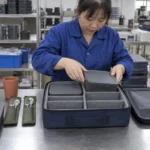 Chinese tableware packaging worker placing a divided box into a partitioned case — AI-generated conceptual illustration