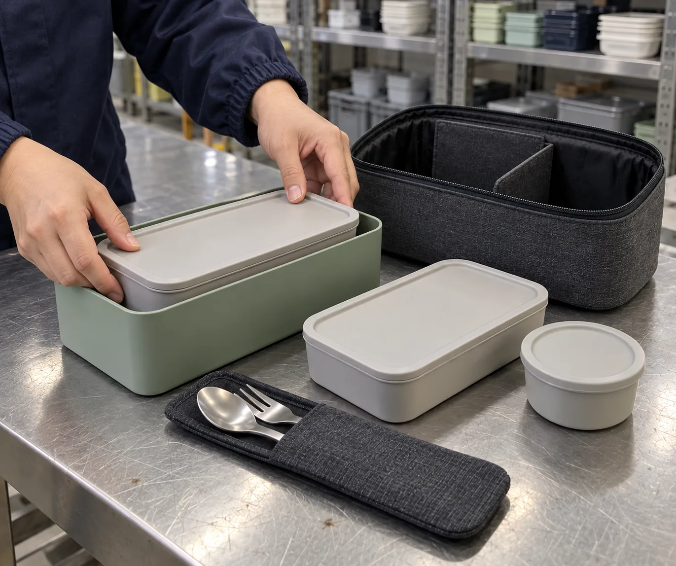 Hands packing modular bento components into a textile carry case