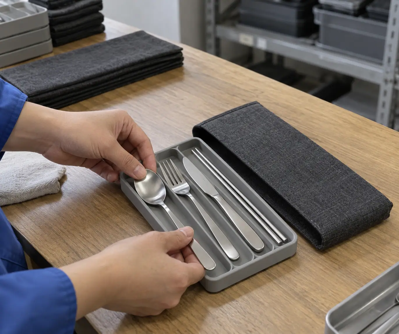 Cutlery pieces arranged before packing into partitioned tray and sleeve